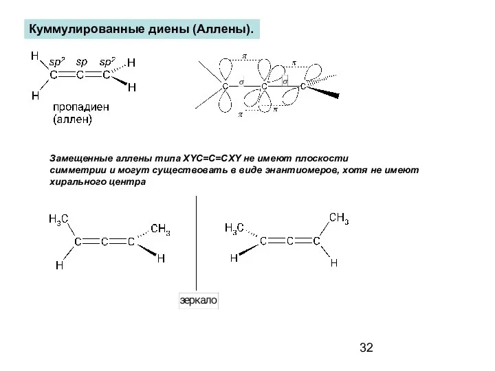 Куммулированные диены (Аллены). Замещенные аллены типа XYC=C=CXY не имеют плоскости симметрии