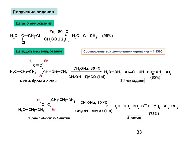 Получение алленов Дегалогенирование Дегидрогалогенирование Соотношение син :анти-элиминирования = 1:1500
