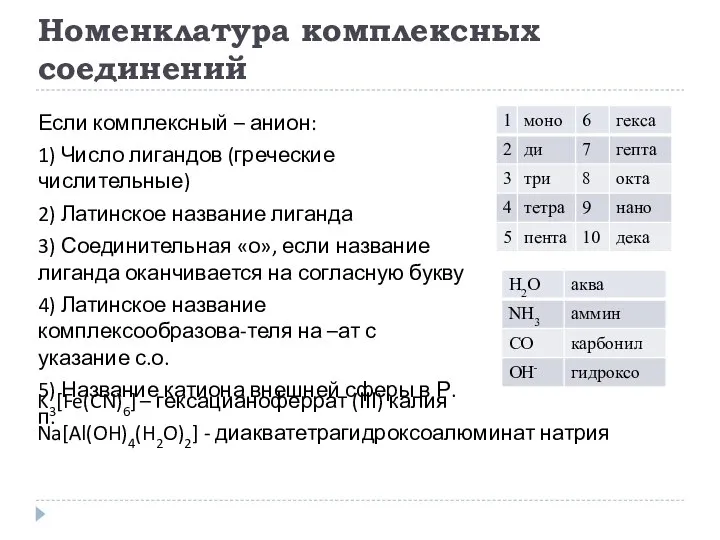 Номенклатура комплексных соединений Если комплексный – анион: 1) Число лигандов (греческие