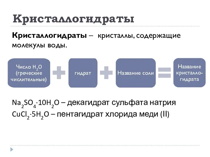 Кристаллогидраты Кристаллогидраты – кристаллы, содержащие молекулы воды. Na2SO4·10H2O – декагидрат сульфата