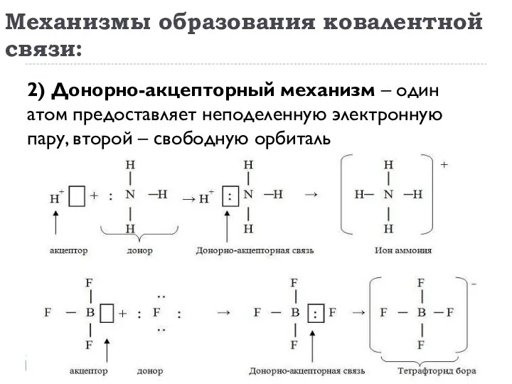 Механизмы образования ковалентной связи: 2) Донорно-акцепторный механизм – один атом предоставляет