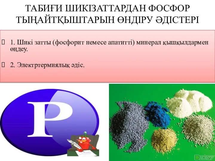 ТАБИҒИ ШИКІЗАТТАРДАН ФОСФОР ТЫҢАЙТҚЫШТАРЫН ӨНДІРУ ӘДІСТЕРІ 1. Шикі затты (фосфорит немесе