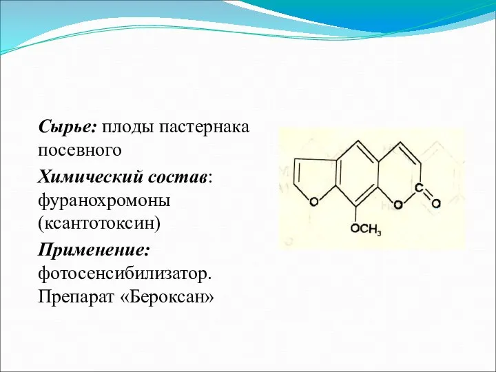 Сырье: плоды пастернака посевного Химический состав: фуранохромоны (ксантотоксин) Применение: фотосенсибилизатор. Препарат «Бероксан»