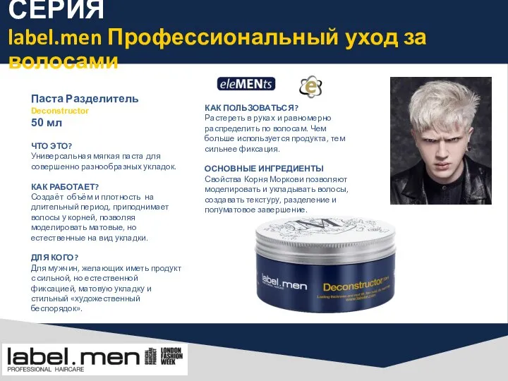 СЕРИЯ label.men Профессиональный уход за волосами Паста Разделитель Deconstructor 50 мл