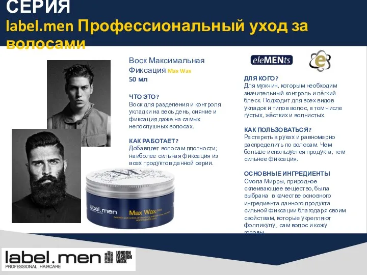 СЕРИЯ label.men Профессиональный уход за волосами Воск Максимальная Фиксация Max Wax
