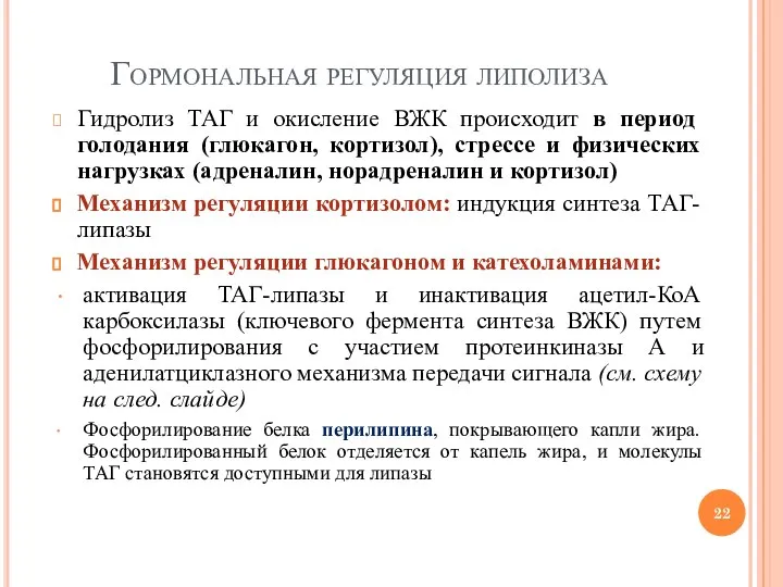 Гормональная регуляция липолиза Гидролиз ТАГ и окисление ВЖК происходит в период