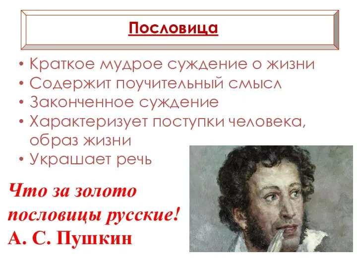 Пословица Краткое мудрое суждение о жизни Содержит поучительный смысл Законченное суждение