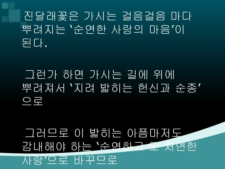 진달래꽃은 가시는 걸음걸음 마다 뿌려지는 ‘순연한 사랑의 마음’이 된다. 그런가 하면