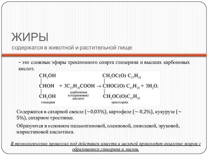 ЖИРЫ содержатся в животной и растительной пище В технологических процессах под