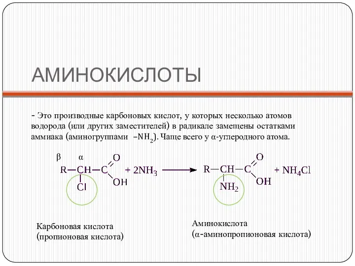 АМИНОКИСЛОТЫ - Это производные карбоновых кислот, у которых несколько атомов водорода