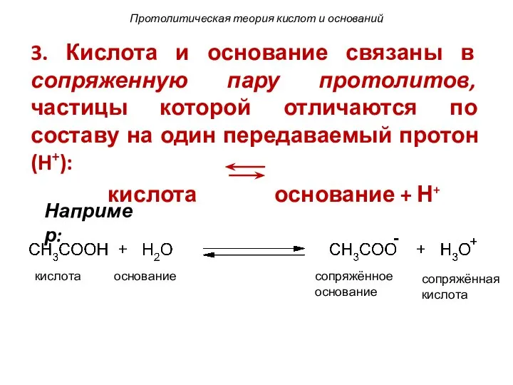 Протолитическая теория кислот и оснований 3. Кислота и основание связаны в