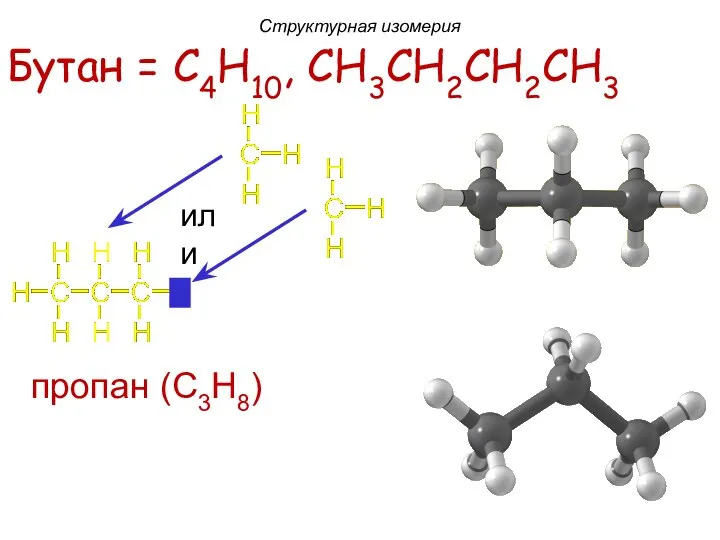 пропан (C3H8) Бутан = C4H10, CH3CH2CH2CH3 Структурная изомерия