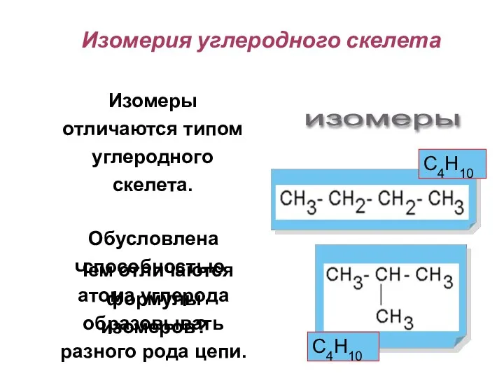 Обусловлена способностью атома углерода образовывать разного рода цепи. Чем отличаются формулы