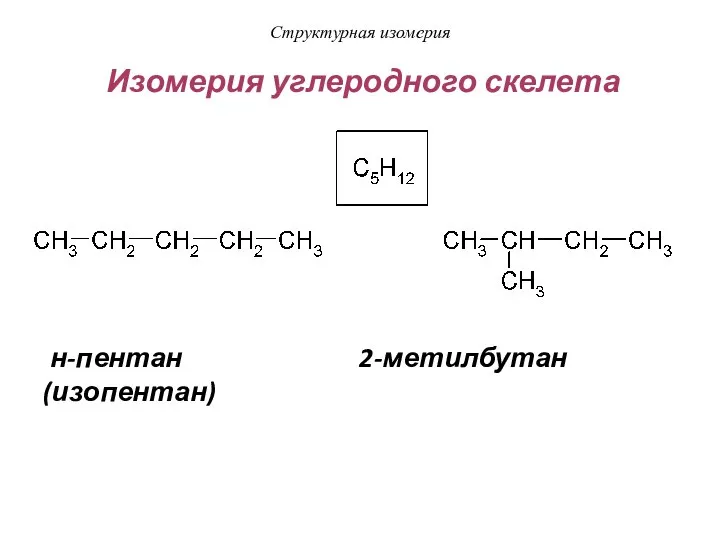 Структурная изомерия Изомерия углеродного скелета н-пентан 2-метилбутан (изопентан)