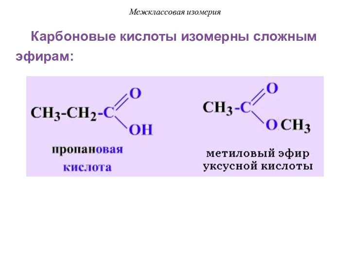 Межклассовая изомерия Карбоновые кислоты изомерны сложным эфирам: