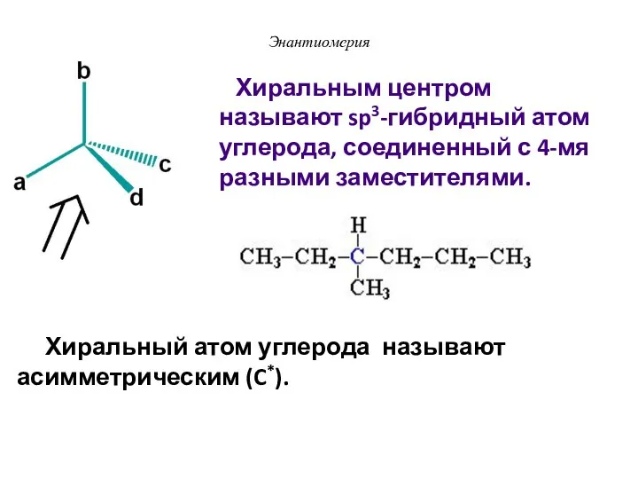 Энантиомерия Хиральный атом углерода называют асимметрическим (C*). Хиральным центром называют sp3-гибридный