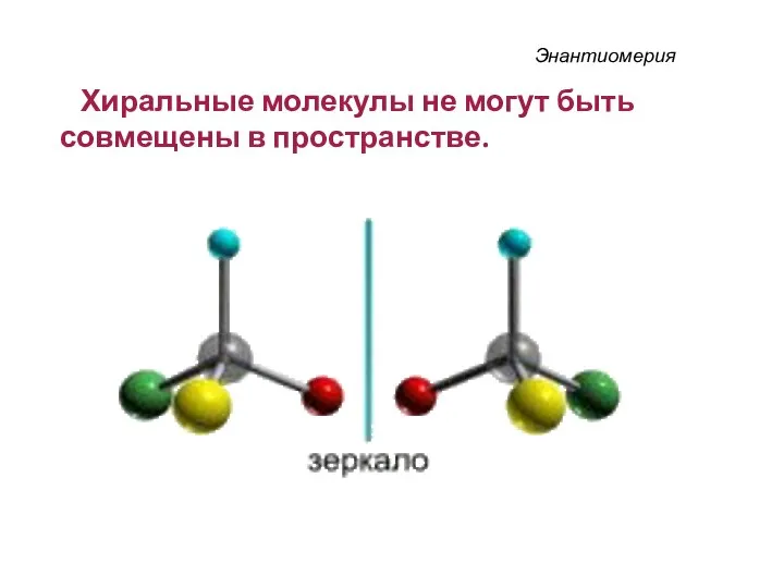 Энантиомерия Хиральные молекулы не могут быть совмещены в пространстве.