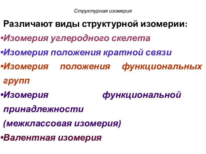 Структурная изомерия Различают виды структурной изомерии: Изомерия углеродного скелета Изомерия положения