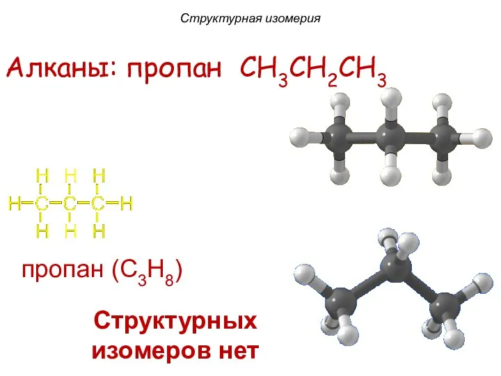 пропан (C3H8) Алканы: пропан CH3CH2CH3 Структурных изомеров нет Структурная изомерия