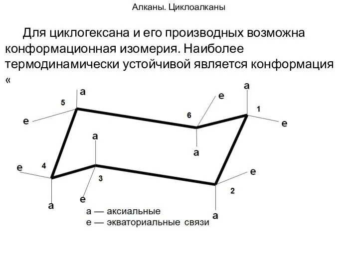 Алканы. Циклоалканы Для циклогексана и его производных возможна конформационная изомерия. Наиболее термодинамически устойчивой является конформация «кресло».