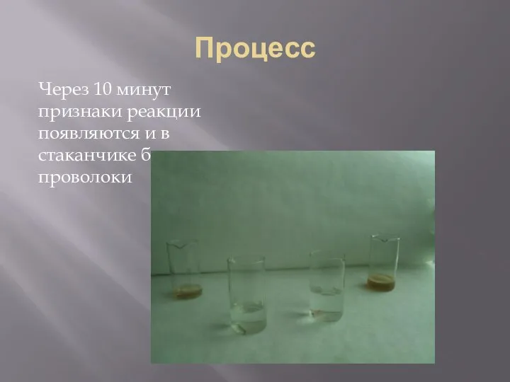 Процесс Через 10 минут признаки реакции появляются и в стаканчике без проволоки