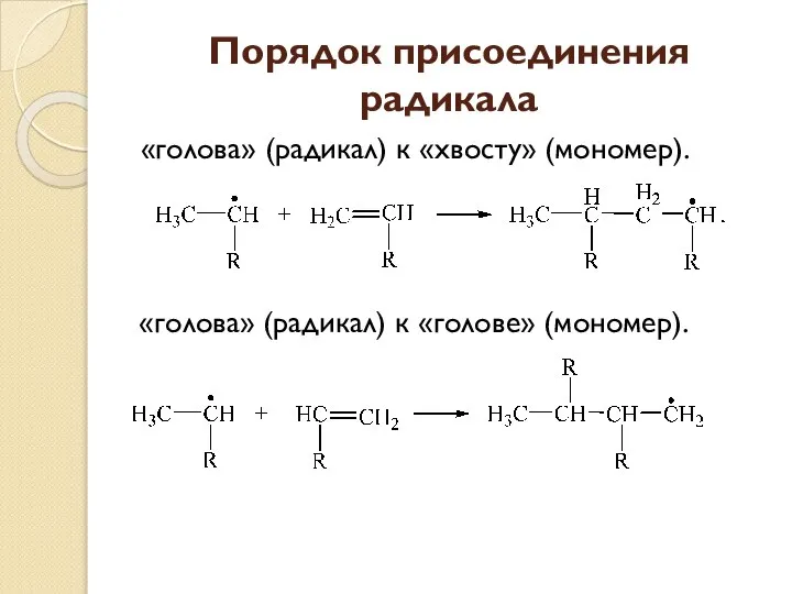 Порядок присоединения радикала «голова» (радикал) к «хвосту» (мономер). «голова» (радикал) к «голове» (мономер).