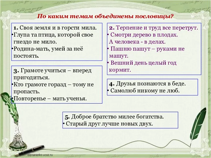 По каким темам объединены пословицы? 2. Терпение и труд все перетрут.