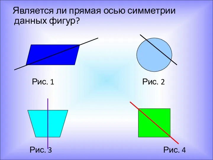 Является ли прямая осью симметрии данных фигур? Рис. 1 Рис. 2 Рис. 3 Рис. 4