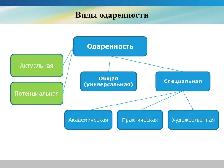 Виды одаренности Одаренность Общая (универсальная) Специальная Академическая Художественная Практическая Актуальная Потенциальная