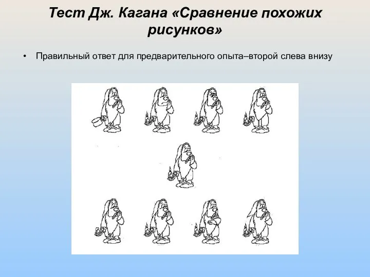 Тест Дж. Кагана «Сравнение похожих рисунков» Правильный ответ для предварительного опыта–второй слева внизу
