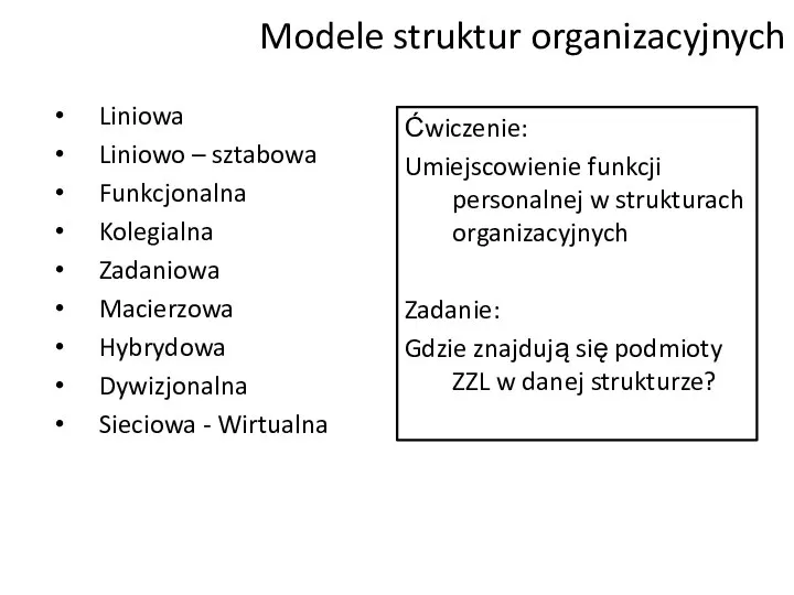 Modele struktur organizacyjnych Liniowa Liniowo – sztabowa Funkcjonalna Kolegialna Zadaniowa Macierzowa