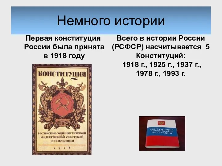 Немного истории Первая конституция России была принята в 1918 году Всего