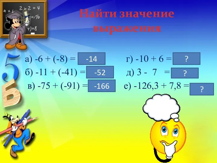 Найти значение выражения а) -6 + (-8) = … г) -10