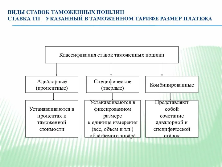 ВИДЫ СТАВОК ТАМОЖЕННЫХ ПОШЛИН СТАВКА ТП – УКАЗАННЫЙ В ТАМОЖЕННОМ ТАРИФЕ