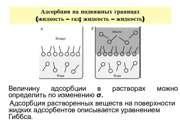 Адсорбция на подвижных границах (жидкость – газ; жидкость – жидкость) Величину