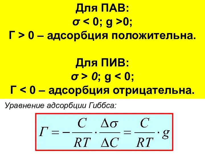 Изотерма адсорбции Гиббса Уравнение адсорбции Гиббса: Для ПАВ: σ 0; Г