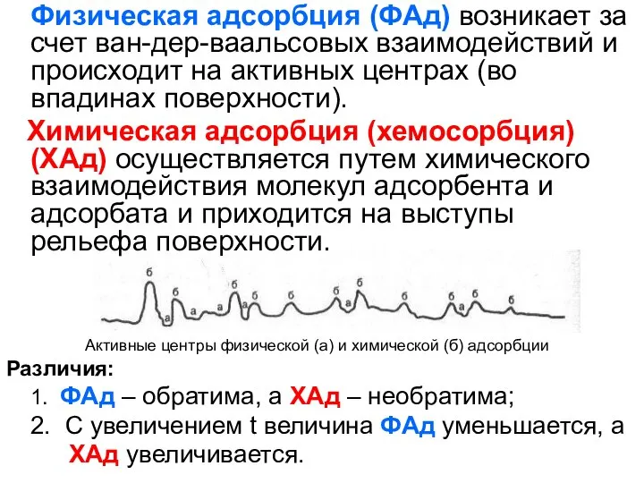 Физическая адсорбция (ФАд) возникает за счет ван-дер-ваальсовых взаимодействий и происходит на