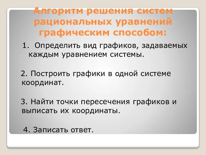 Алгоритм решения систем рациональных уравнений графическим способом: 1. Определить вид графиков,