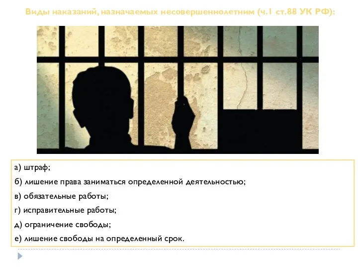 Виды наказаний, назначаемых несовершеннолетним (ч.1 ст.88 УК РФ): а) штраф; б)