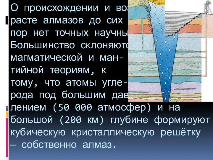 О происхождении и воз- расте алмазов до сих пор нет точных