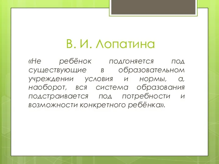 В. И. Лопатина «Не ребёнок подгоняется под существующие в образовательном учреждении