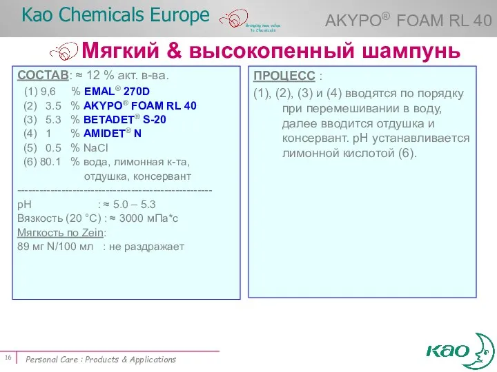 Мягкий & высокопенный шампунь СОСТАВ: ≈ 12 % акт. в-ва. (1)