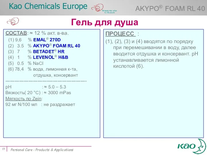 СОСТАВ: ≈ 12 % акт. в-ва. (1) 9,6 % EMAL® 270D