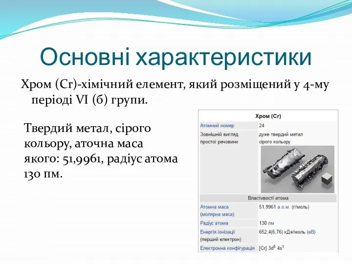 Хром (Cr)-хімічний елемент, який розміщений у 4-му періоді VI (б) групи.