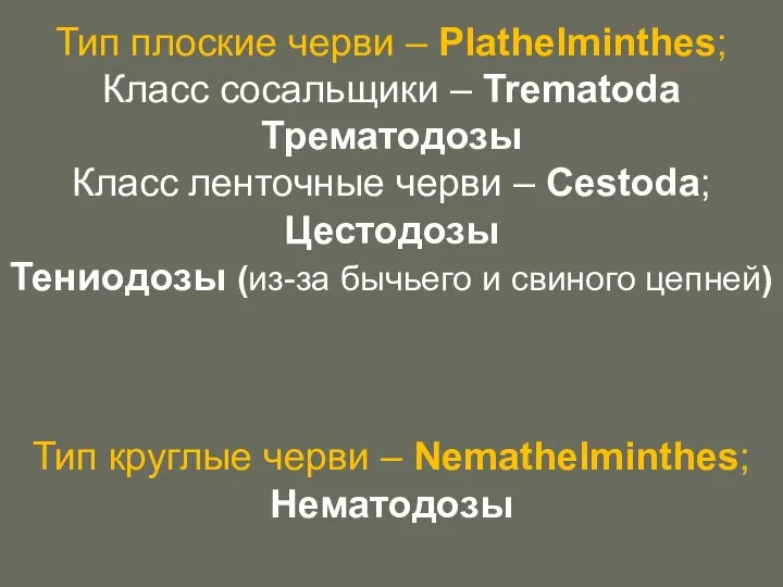 Тип плоские черви – Plathelminthes; Класс сосальщики – Trematoda Трематодозы Класс