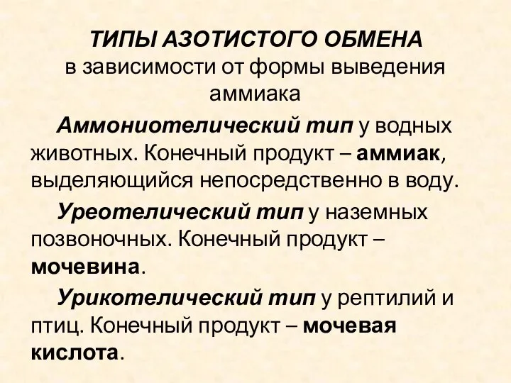 ТИПЫ АЗОТИСТОГО ОБМЕНА в зависимости от формы выведения аммиака Аммониотелический тип