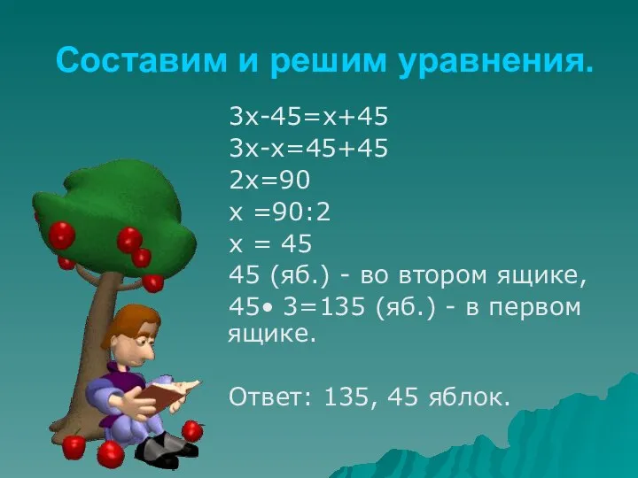 Составим и решим уравнения. 3х-45=х+45 3х-х=45+45 2х=90 x =90:2 x =