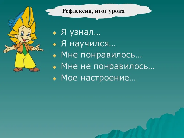 Я узнал… Я научился… Мне понравилось… Мне не понравилось… Мое настроение… Рефлексия, итог урока