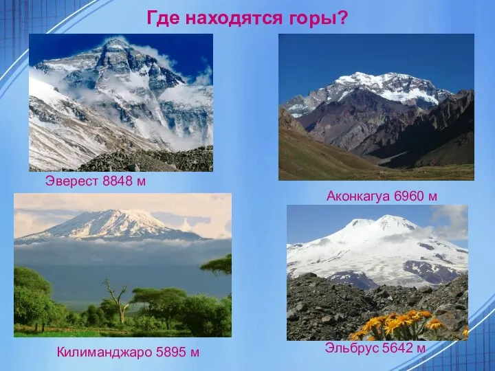 Где находятся горы? Эверест 8848 м Аконкагуа 6960 м Килиманджаро 5895 м Эльбрус 5642 м