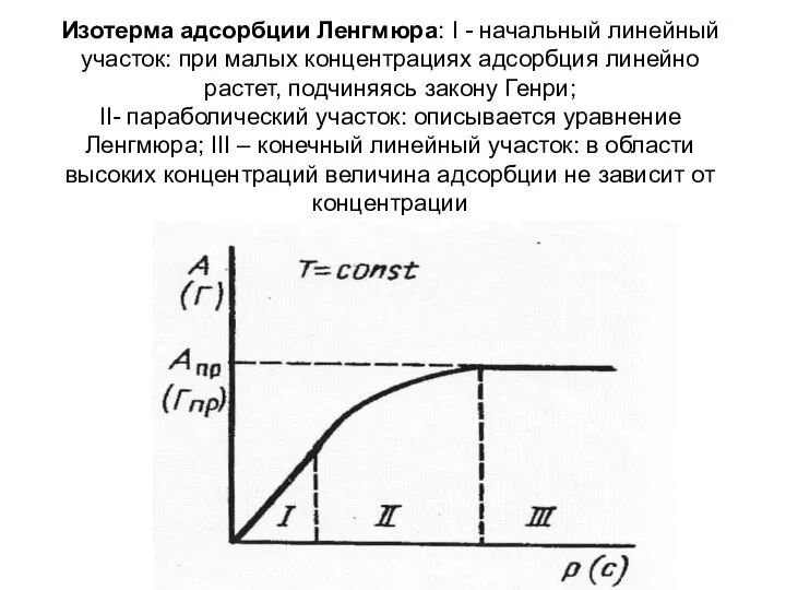 Изотерма адсорбции Ленгмюра: I - начальный линейный участок: при малых концентрациях